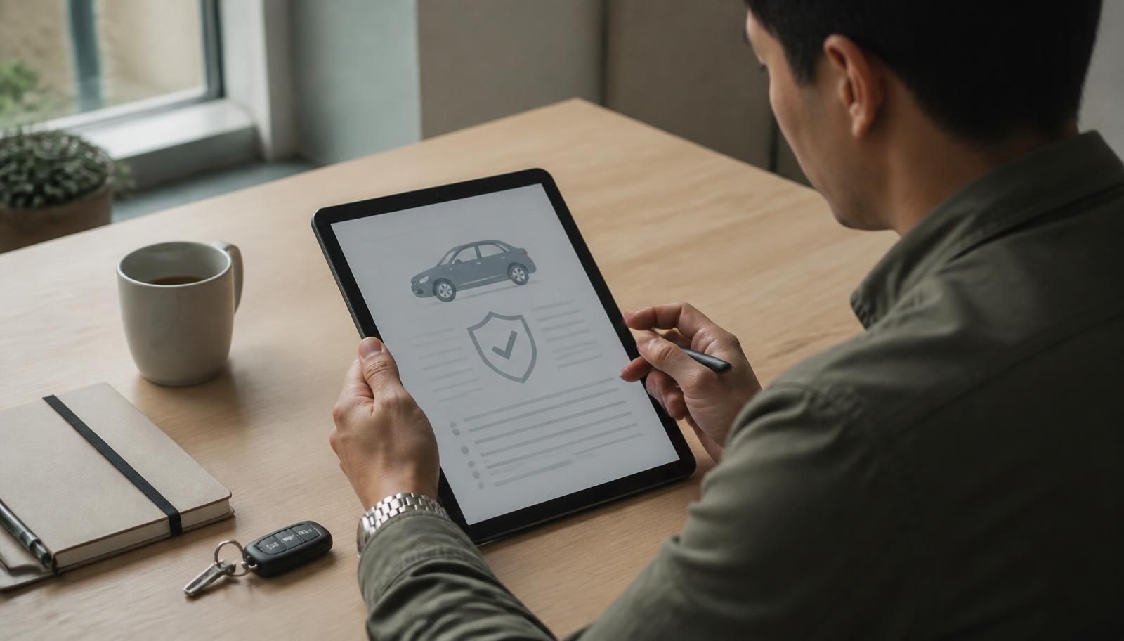 Motorista analisando as coberturas de uma proposta de seguro de carro em um tablet, com chave do veículo sobre a mesa