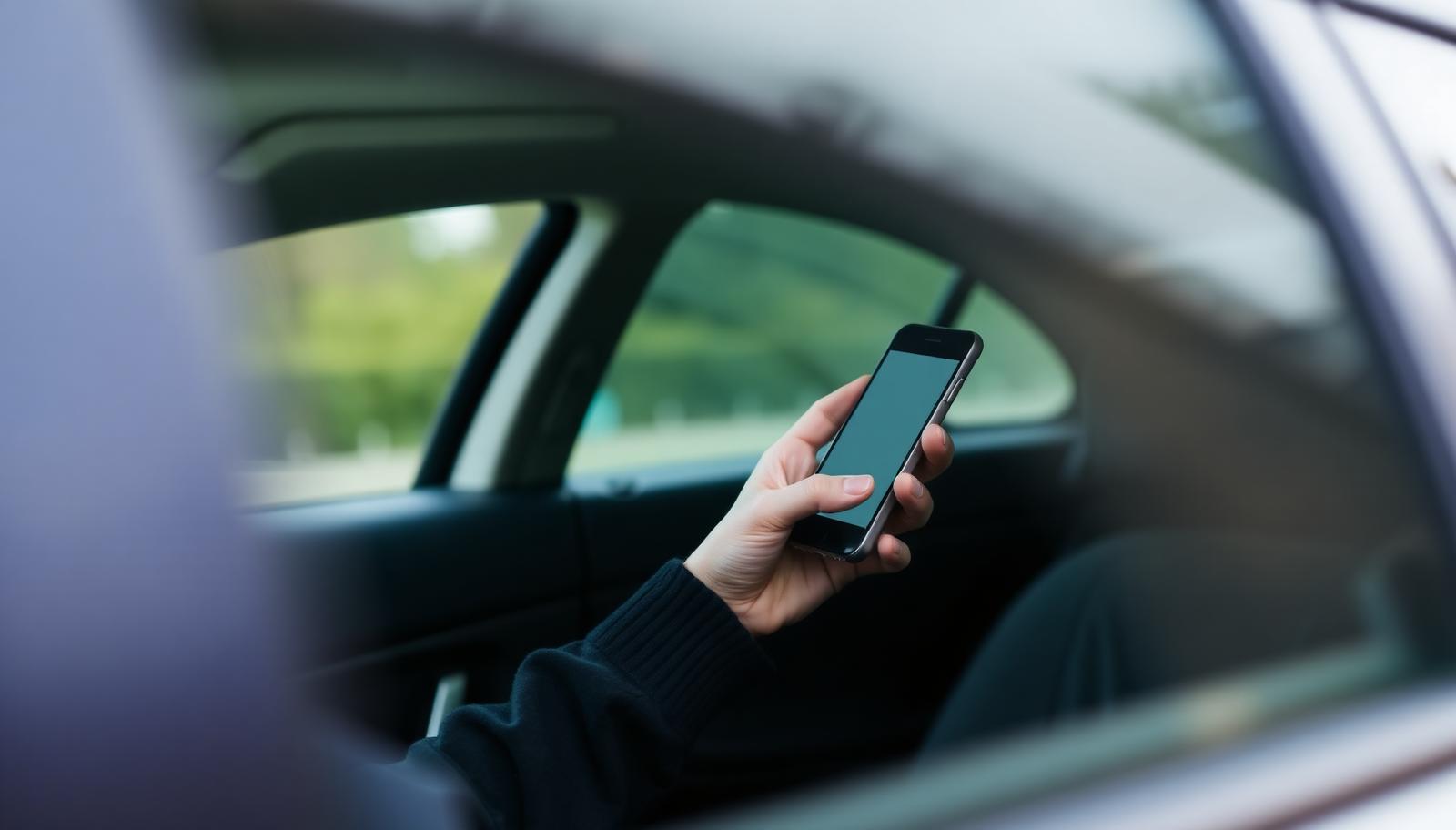 Motorista sentado no carro consultando informações de seguro pelo celular