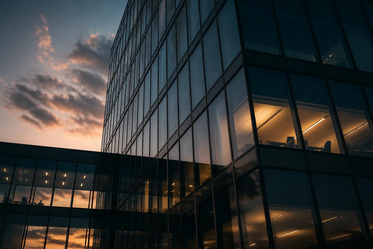 Fachada de vidro de um edifício corporativo ao anoitecer