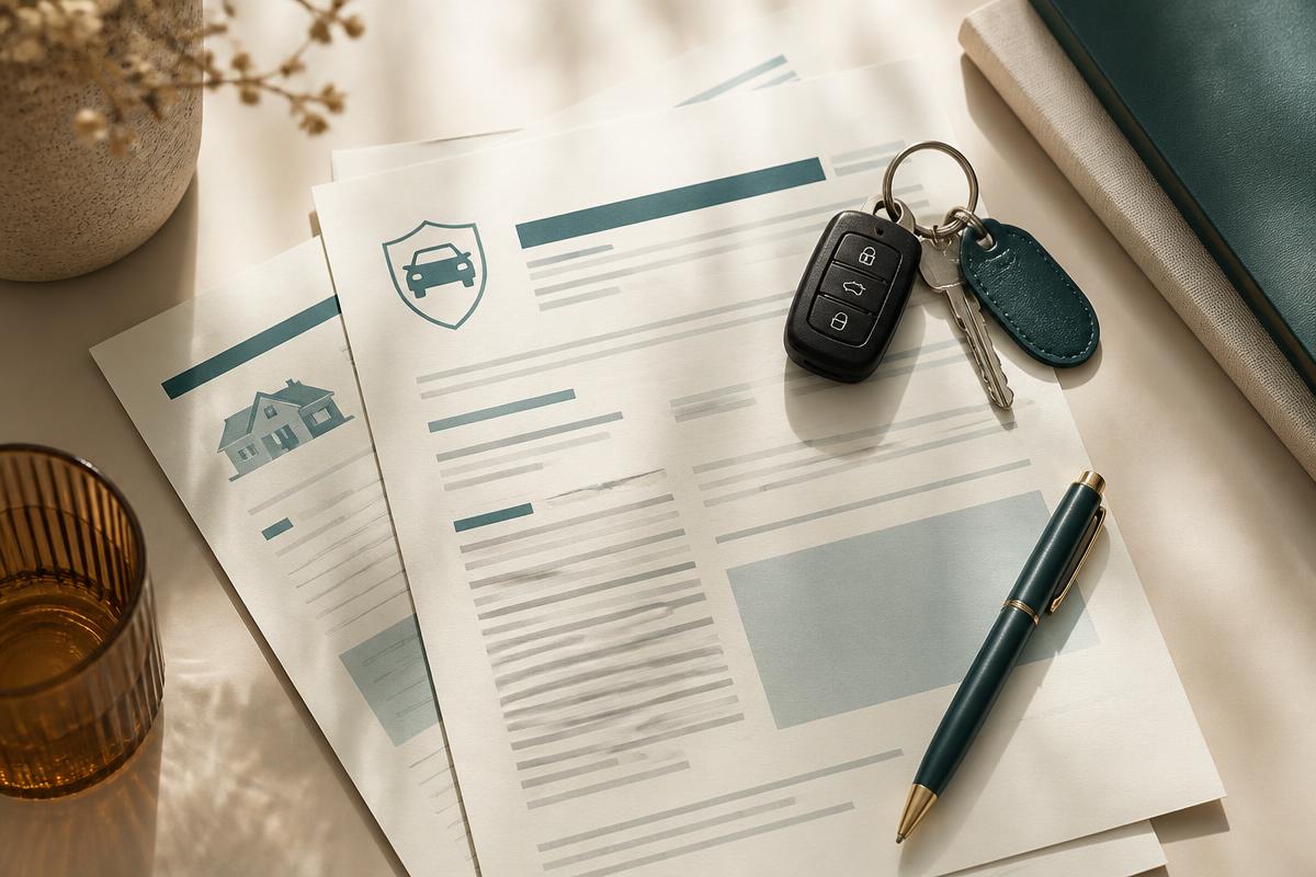 Documentos de apólice de seguro, chave de carro e caneta sobre uma mesa clara